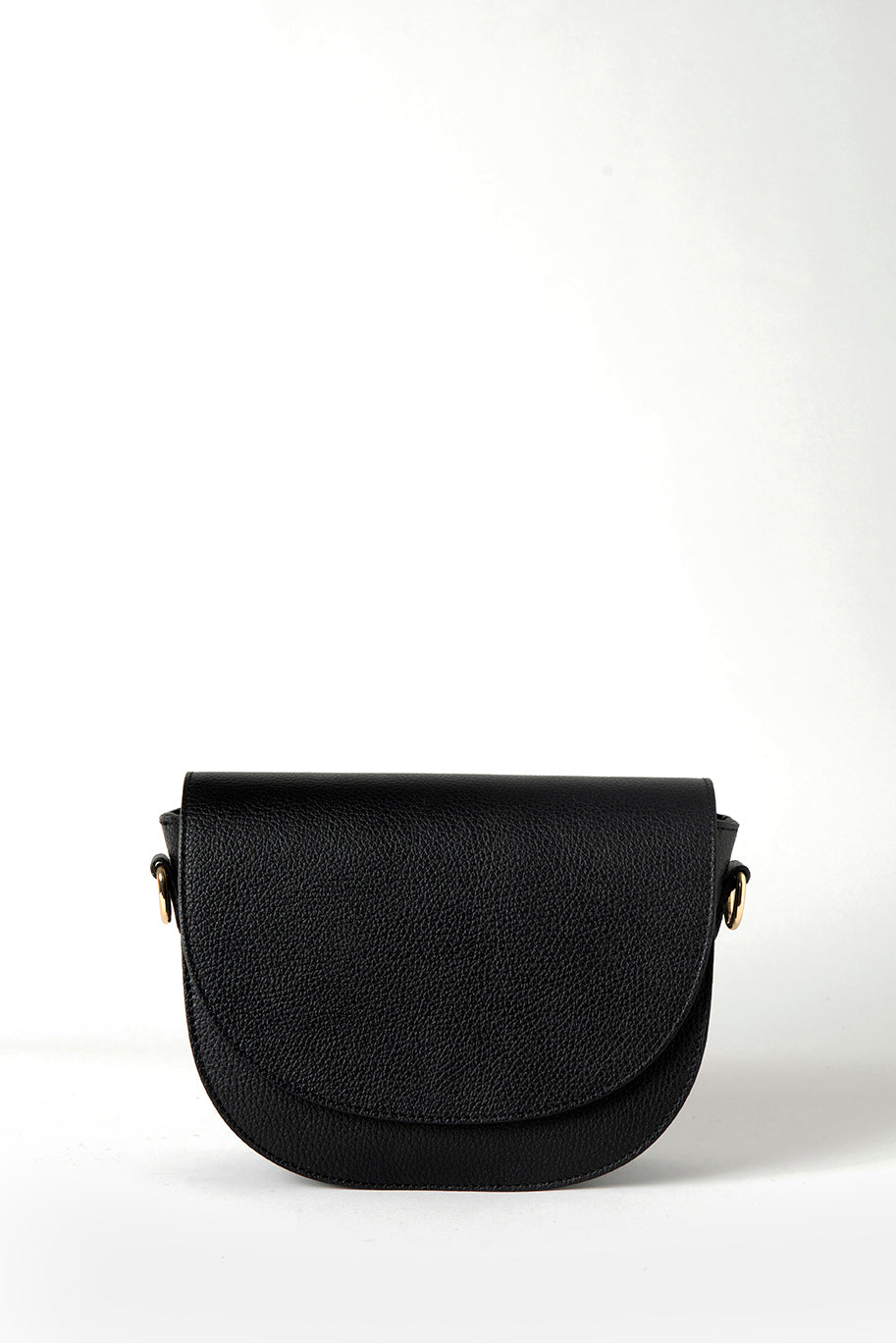 Elegant Italian leather shoulder bag in black color. The bag features a soft, smooth texture with a classic design.