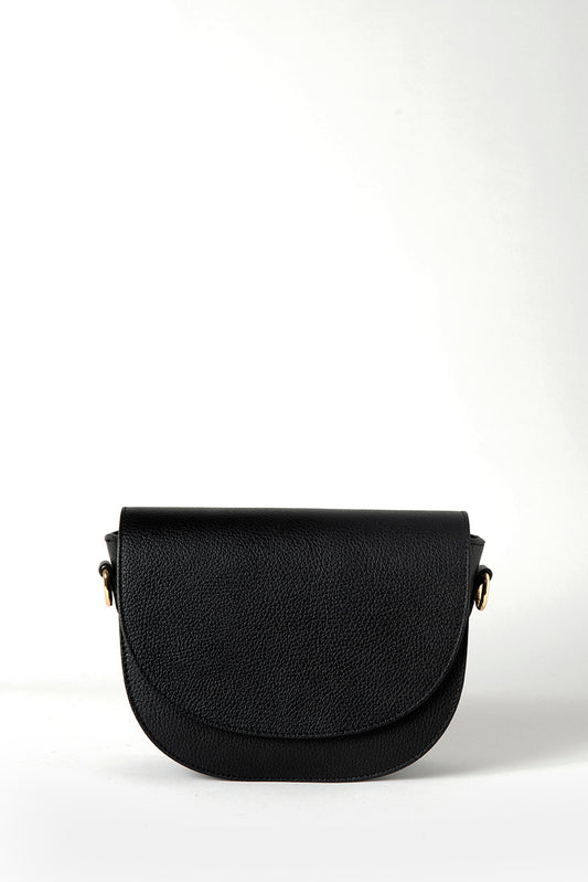 Elegant Italian leather shoulder bag in black color. The bag features a soft, smooth texture with a classic design.