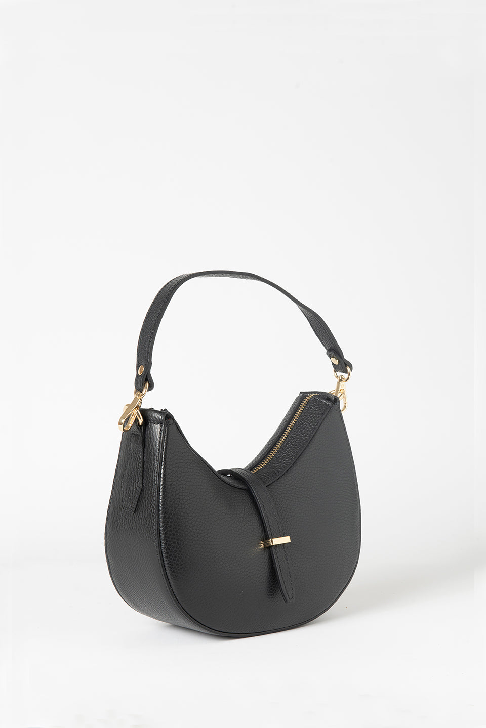 Elegant Italian leather shoulder bag in black color. The bag features a soft, smooth texture with a classic design.