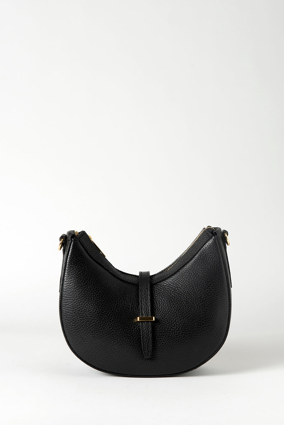 Elegant Italian leather shoulder bag in black color. The bag features a soft, smooth texture with a classic design.