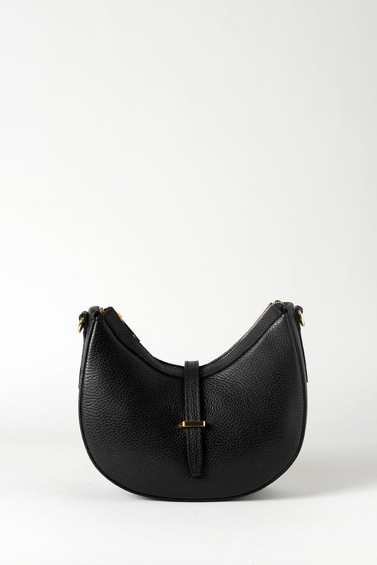 Elegant Italian leather shoulder bag in black color. The bag features a soft, smooth texture with a classic design.